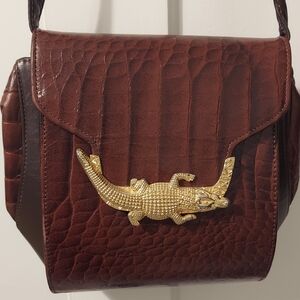 VINTAGE Brown Crocodile Embossed Bag with Gold Accent
